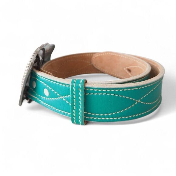 Unbranded Vintage Steel Belt Buckle with Hereford Leather Turquoise Belt 28 - Picture 2 of 7